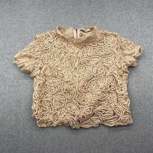 Zara Trafaluc Shirt Womens Medium Beige Lace Embroidered Crop Top Sheer
